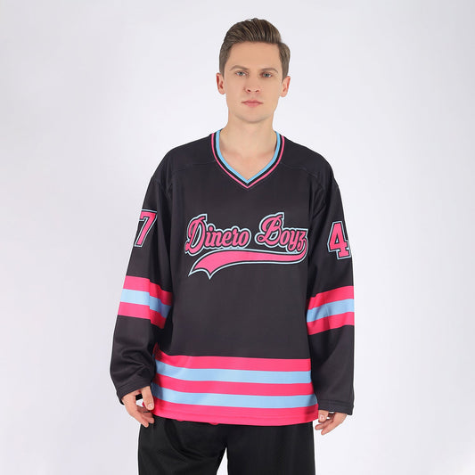 Custom Black Pink-Light Blue Hockey Jersey - Sky-Custom
