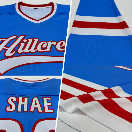 Custom Powder Blue White-Red Hockey Jersey - Sky-Custom