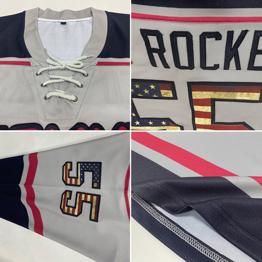 Custom Gray Vintage USA Flag Black-Crimson Hockey Lace Neck Jersey - Sky-Custom
