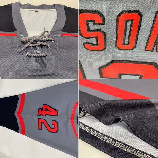 Custom Steel Gray Red-Black Hockey Lace Neck Jersey - Sky-Custom