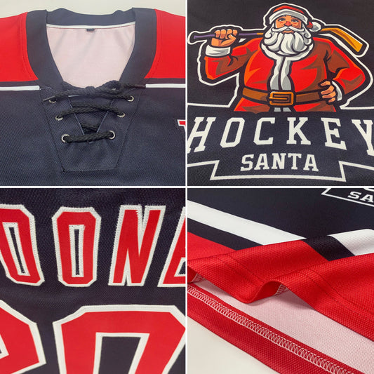 Custom Black Red-White Christmas Santa Claus 3D Hockey Lace Neck Jersey - Sky-Custom