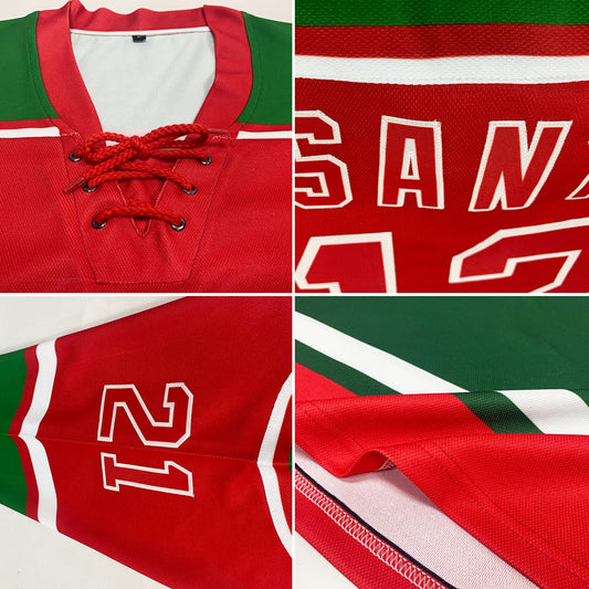 Custom Red Grass Green-White Christmas Santa Claus 3D Hockey Lace Neck Jersey - Sky-Custom