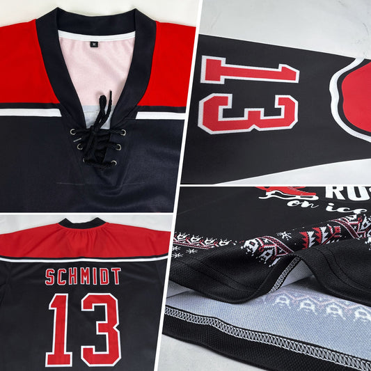 Custom Black Red-White Christmas Santa Claus 3D Hockey Lace Neck Jersey - Sky-Custom