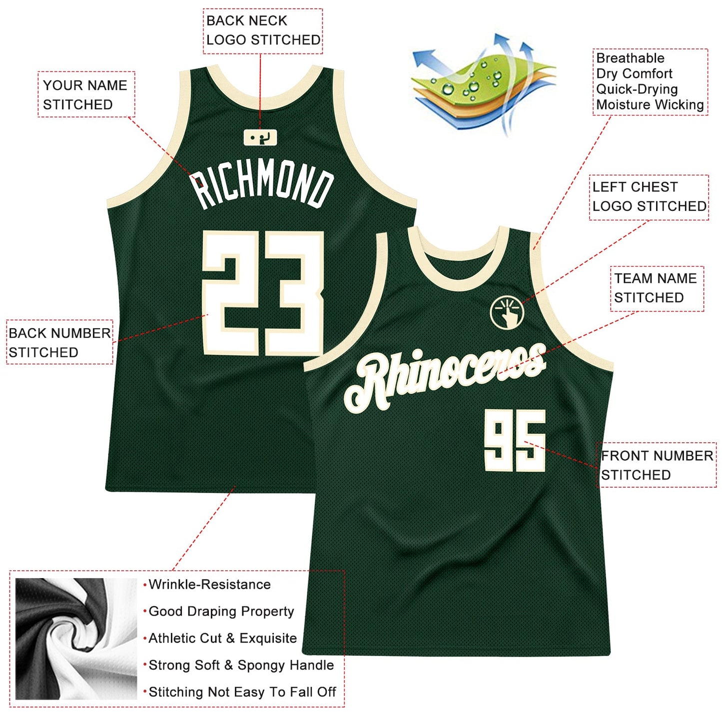 Custom Hunter Green White-Cream Authentic Throwback Basketball Jersey - Sky-Custom