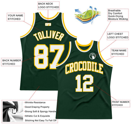 Custom Hunter Green White-Gold Authentic Throwback Basketball Jersey - Sky-Custom