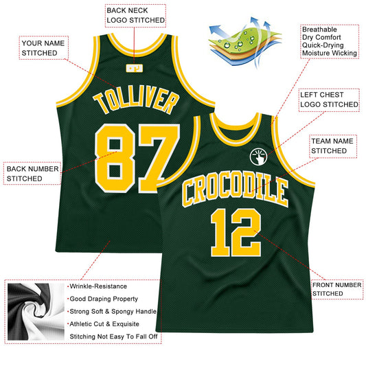 Custom Hunter Green Gold-White Authentic Throwback Basketball Jersey - Sky-Custom