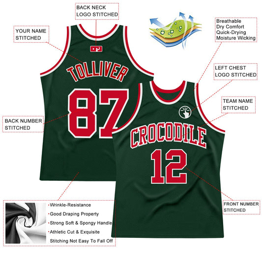 Custom Hunter Green Red-White Authentic Throwback Basketball Jersey - Sky-Custom