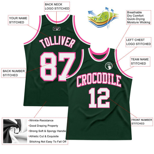 Custom Hunter Green White-Pink Authentic Throwback Basketball Jersey - Sky-Custom
