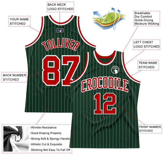 Custom Hunter Green White Pinstripe Red Authentic Basketball Jersey - Sky-Custom