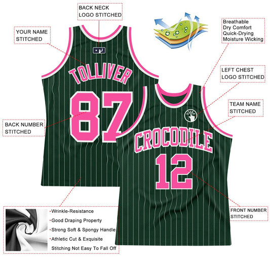 Custom Hunter Green White Pinstripe Pink Authentic Basketball Jersey - Sky-Custom