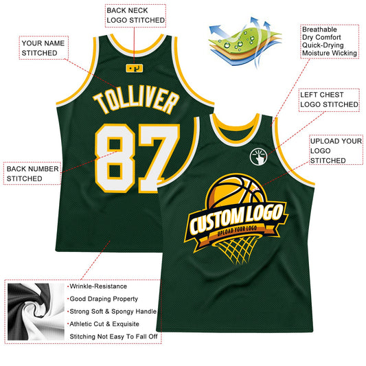 Custom Hunter Green White-Gold Authentic Throwback Basketball Jersey - Sky-Custom