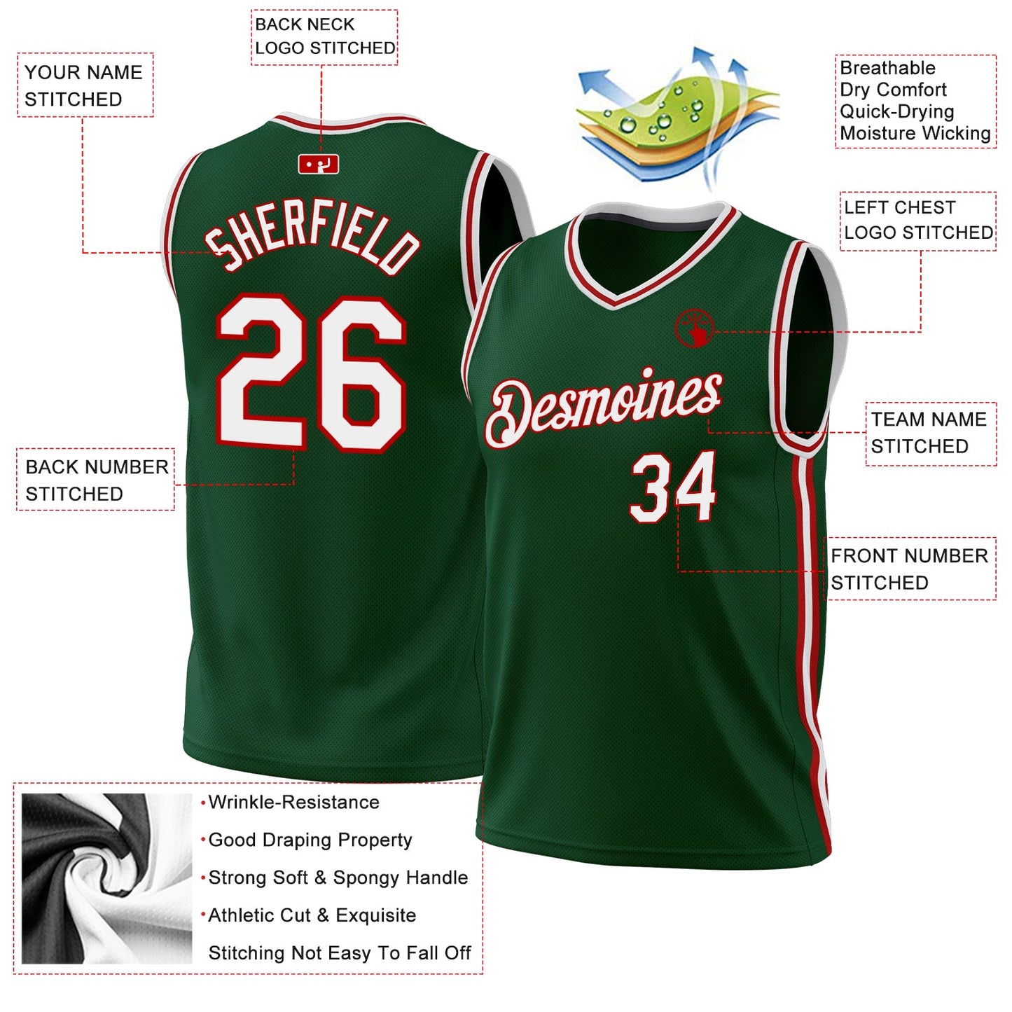 Custom Hunter Green White-Red Authentic Throwback Basketball Jersey - Sky-Custom