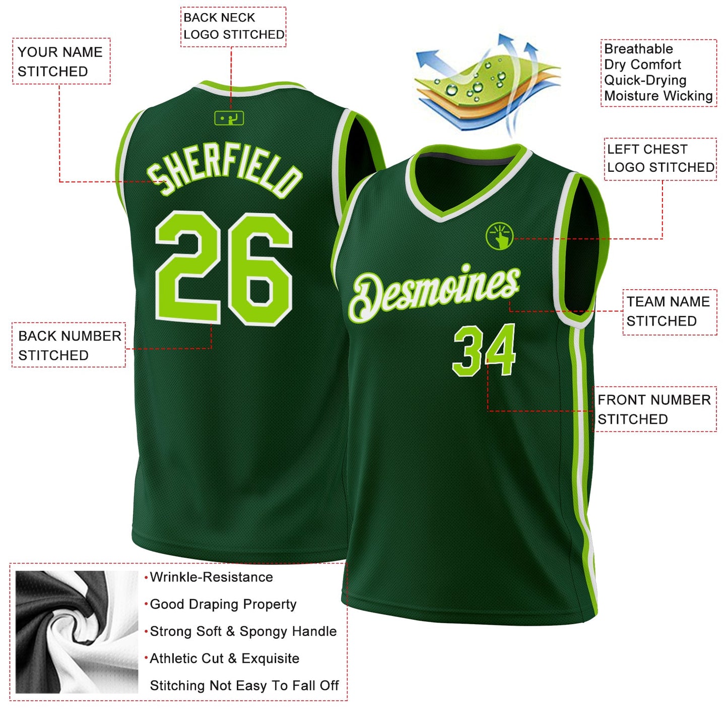 Custom Hunter Green Neon Green-White Authentic Throwback Basketball Jersey - Sky-Custom