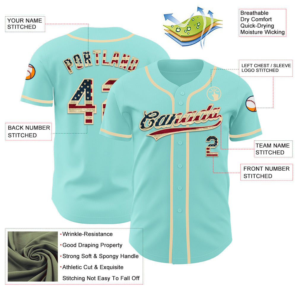 Custom Ice Blue Vintage USA Flag-Cream Authentic Baseball Jersey - Sky-Custom