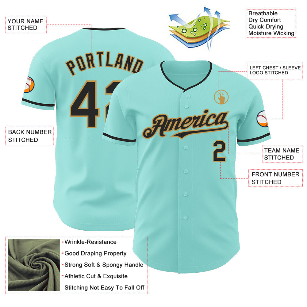Custom Ice Blue Black-Old Gold Authentic Baseball Jersey - Sky-Custom