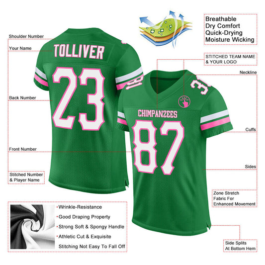 Custom Grass Green White-Pink Mesh Authentic Football Jersey - Sky-Custom