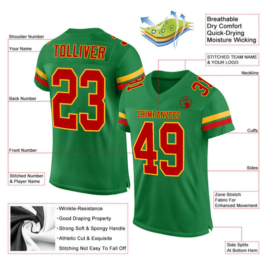 Custom Grass Green Red-Gold Mesh Authentic Football Jersey - Sky-Custom