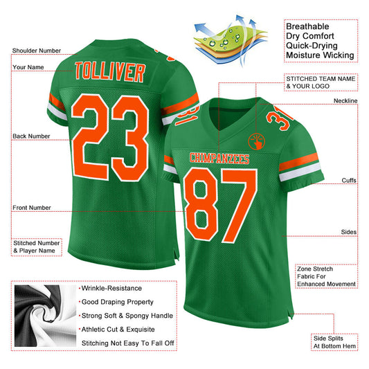 Custom Grass Green Orange-White Mesh Authentic Football Jersey - Sky-Custom