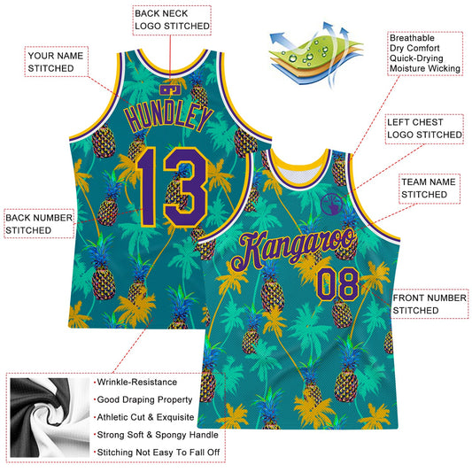 Custom Kelly Green Purple-Gold 3D Pattern Hawaii Palm Trees Pineapples Authentic Basketball Jersey - Sky-Custom