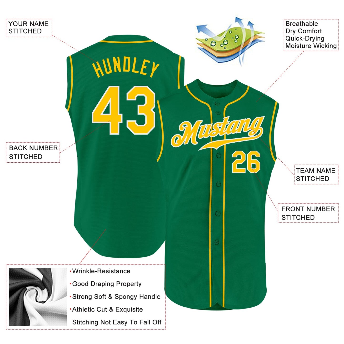 Custom Kelly Green Gold-White Authentic Sleeveless Baseball Jersey - Sky-Custom