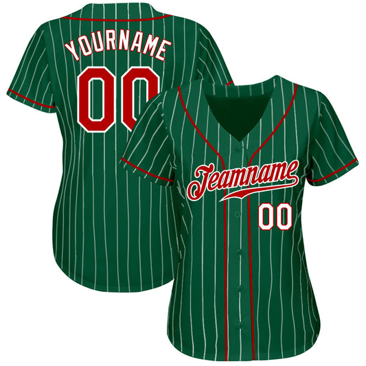 Custom Kelly Green White Pinstripe Red-White Authentic Baseball Jersey - Sky-Custom