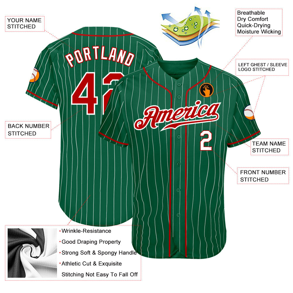 Custom Kelly Green White Pinstripe Red-White Authentic Baseball Jersey - Sky-Custom