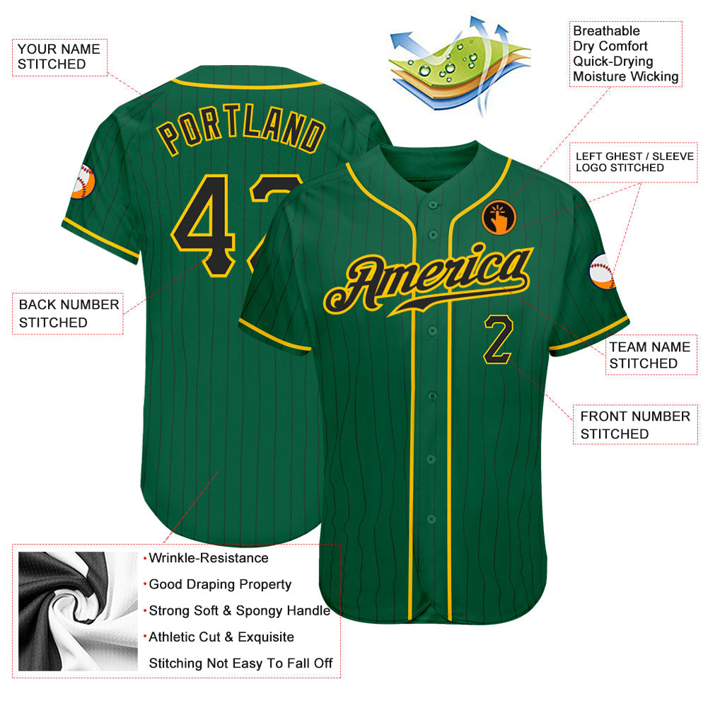 Custom Kelly Green Black Pinstripe Black-Gold Authentic Baseball Jersey - Sky-Custom