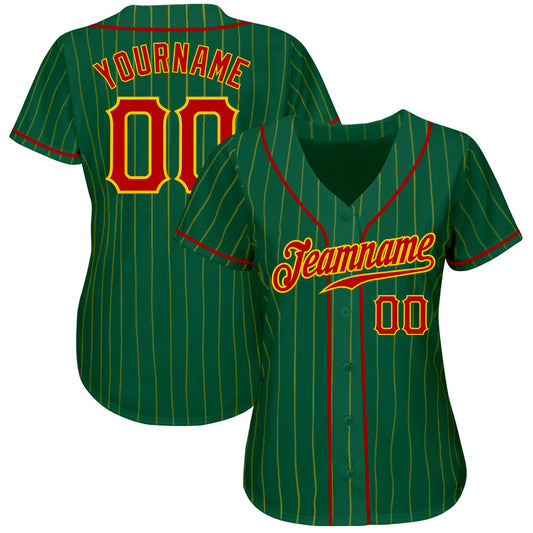 Custom Kelly Green Gold Pinstripe Red-Gold Authentic Baseball Jersey - Sky-Custom