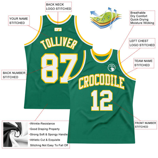 Custom Kelly Green White-Gold Authentic Throwback Basketball Jersey - Sky-Custom
