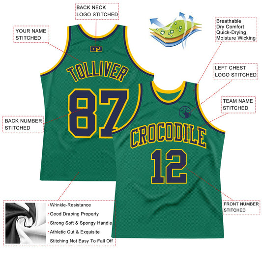 Custom Kelly Green Navy-Gold Authentic Throwback Basketball Jersey - Sky-Custom