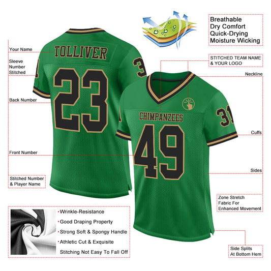 Custom Grass Green Black-Old Gold Mesh Authentic Throwback Football Jersey - Sky-Custom