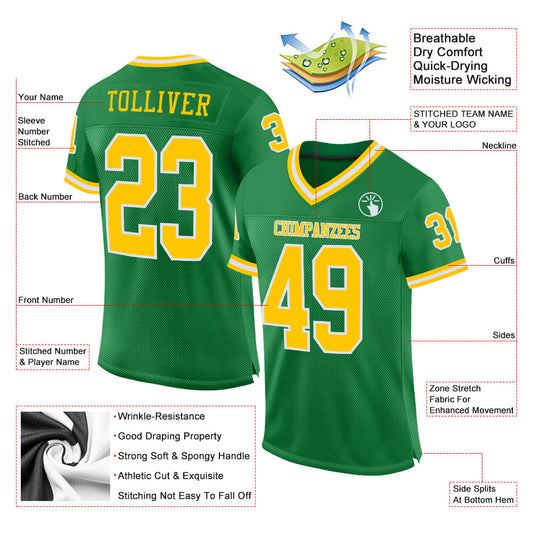 Custom Grass Green Gold-White Mesh Authentic Throwback Football Jersey - Sky-Custom
