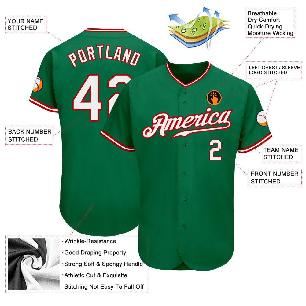 Custom Kelly Green White-Red Authentic Baseball Jersey - Sky-Custom