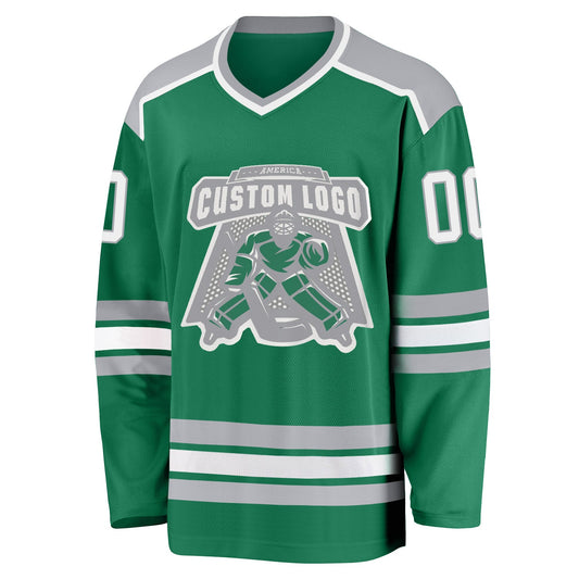 Custom Kelly Green White-Gray Hockey Jersey - Sky-Custom