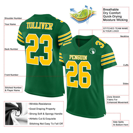 Custom Kelly Green Gold-White Mesh Authentic Football Jersey - Sky-Custom