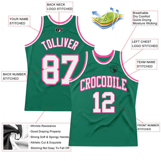 Custom Kelly Green White-Pink Authentic Throwback Basketball Jersey - Sky-Custom