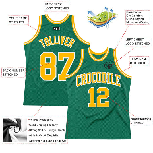 Custom Kelly Green Gold-White Authentic Throwback Basketball Jersey - Sky-Custom