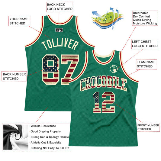 Custom Kelly Green Vintage USA Flag-Cream Authentic Throwback Basketball Jersey - Sky-Custom