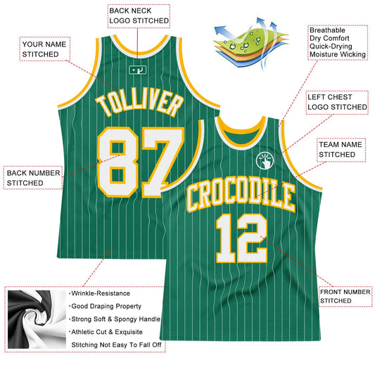 Custom Kelly Green White Pinstripe White-Gold Authentic Basketball Jersey - Sky-Custom