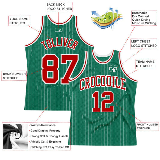 Custom Kelly Green White Pinstripe Red Authentic Basketball Jersey - Sky-Custom