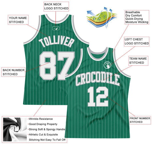 Custom Kelly Green White Pinstripe White-Gray Authentic Basketball Jersey - Sky-Custom
