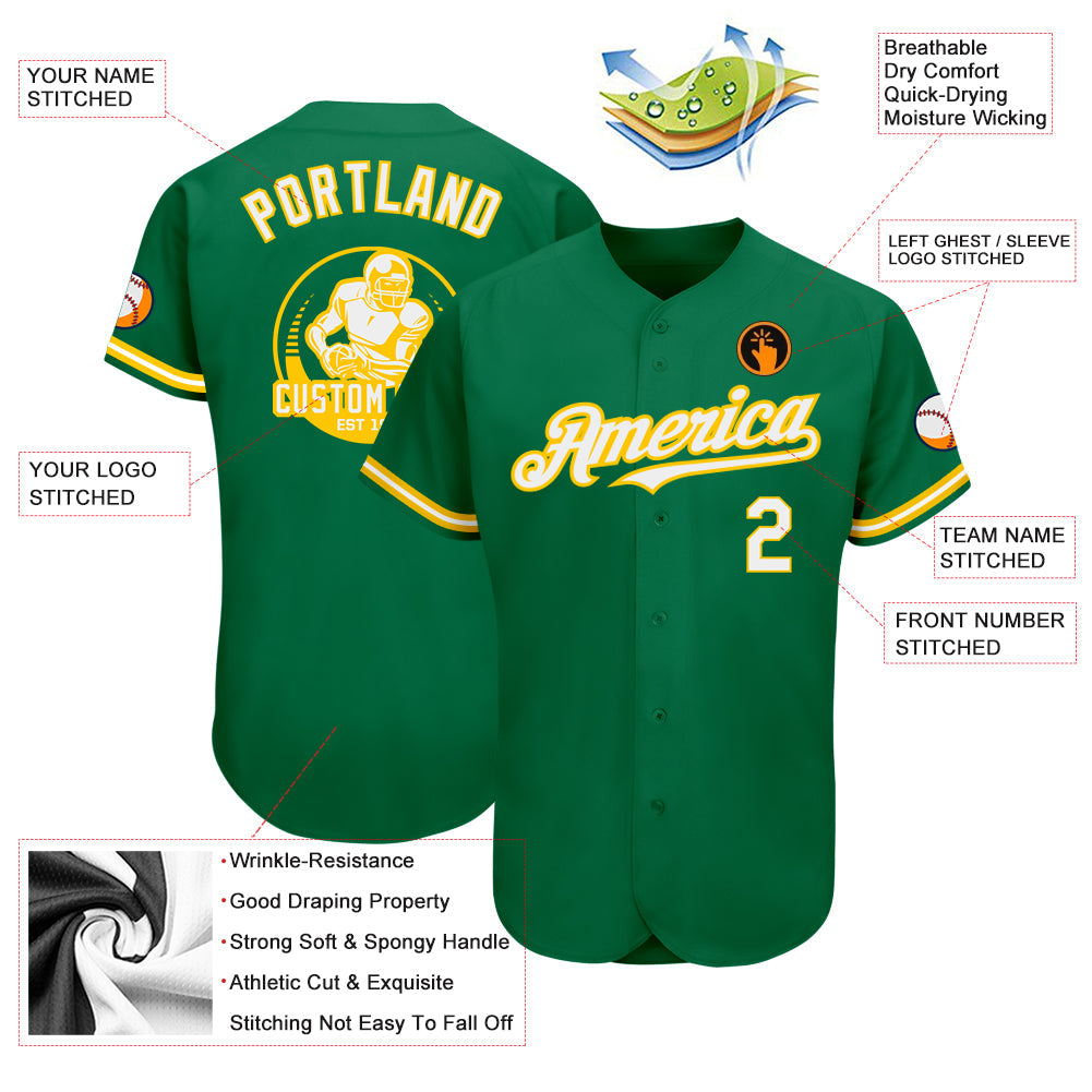 Custom Kelly Green White-Yellow Authentic Baseball Jersey - Sky-Custom