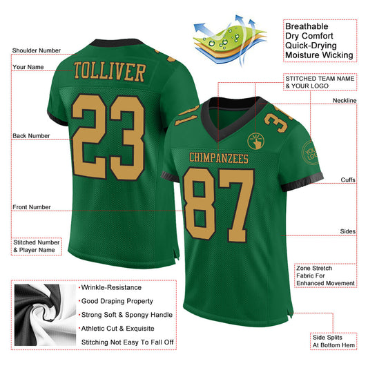 Custom Kelly Green Old Gold-Black Mesh Authentic Football Jersey - Sky-Custom
