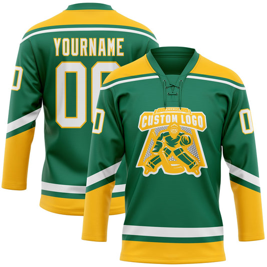 Custom Kelly Green White-Gold Hockey Lace Neck Jersey - Sky-Custom