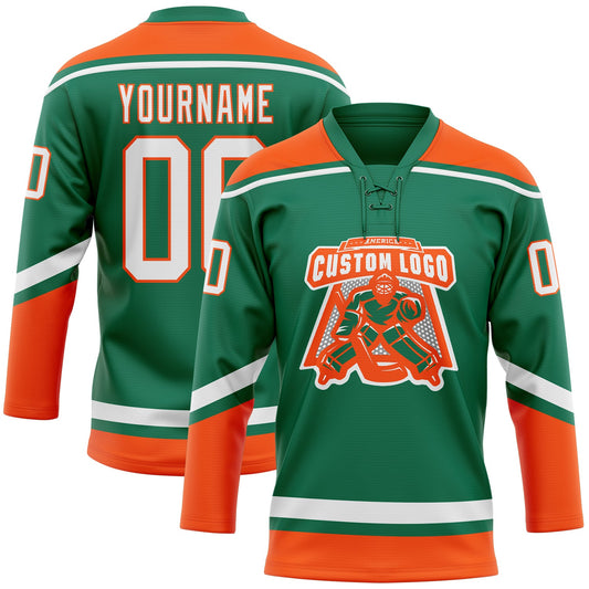 Custom Kelly Green White-Orange Hockey Lace Neck Jersey - Sky-Custom
