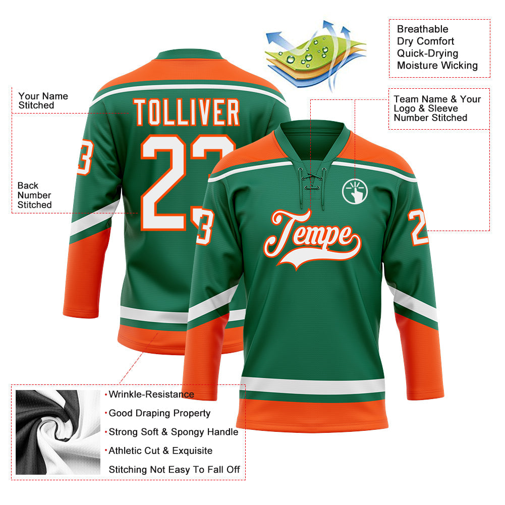 Custom Kelly Green White-Orange Hockey Lace Neck Jersey - Sky-Custom