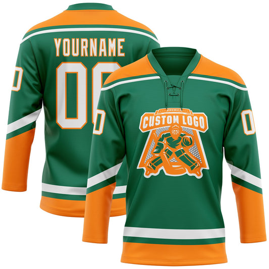 Custom Kelly Green White-Bay Orange Hockey Lace Neck Jersey - Sky-Custom
