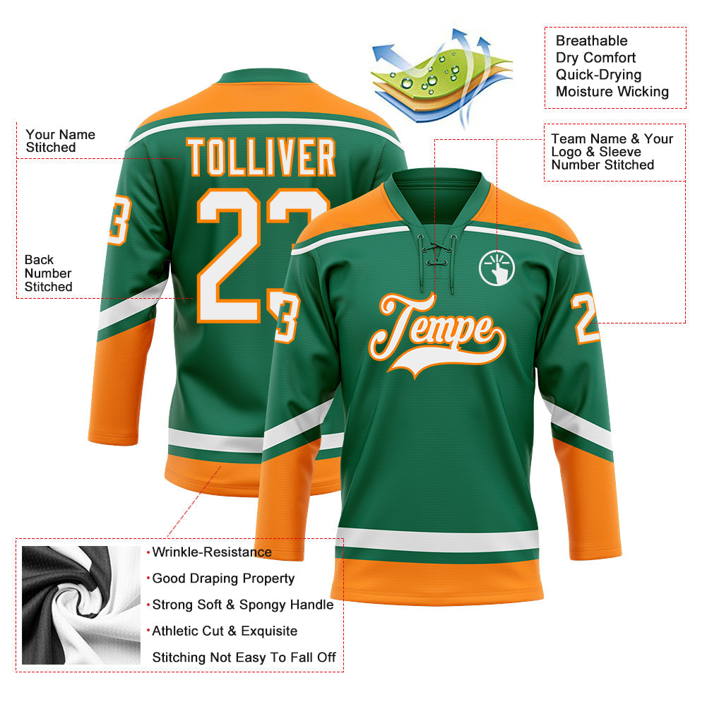 Custom Kelly Green White-Bay Orange Hockey Lace Neck Jersey - Sky-Custom