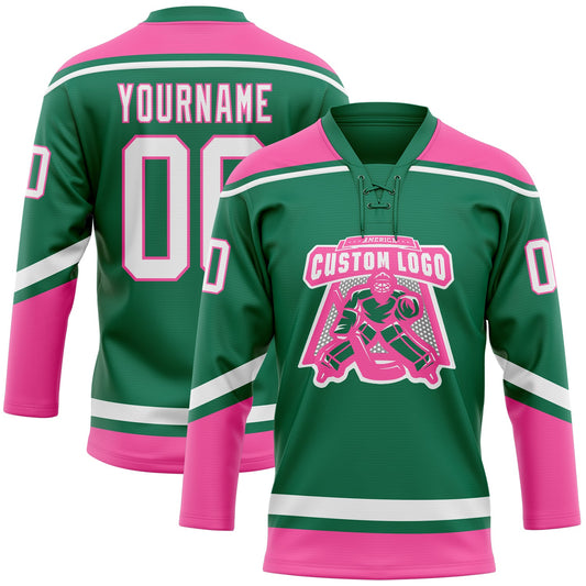 Custom Kelly Green White-Pink Hockey Lace Neck Jersey - Sky-Custom