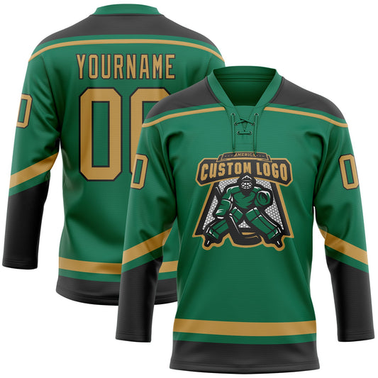 Custom Kelly Green Old Gold-Black Hockey Lace Neck Jersey - Sky-Custom